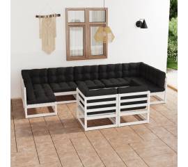 Set mobilier de grădină cu perne, 9 piese,alb,lemn masiv de pin