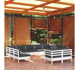 Set mobilier grădină cu perne, 11 piese, alb, lemn masiv de pin