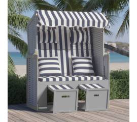 Scaun de plajă cu perne,albastru&alb,poliratan&lemn masiv
