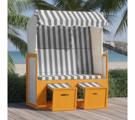 Scaun de plajă cu baldachin,alb&gri, poliratan și lemn masiv