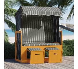 Scaun de plajă cu baldachin,negru&gri, poliratan și lemn masiv