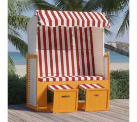 Scaun de plajă cu baldachin,roșu&alb, poliratan și lemn masiv