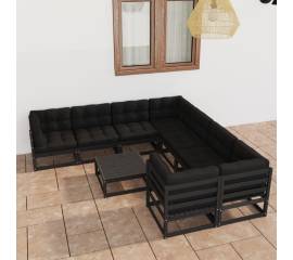 Set mobilier grădină cu perne, 9 piese, negru, lemn masiv pin