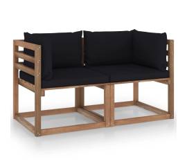 Canapea de grădină paleți, 2 locuri, perne negre, lemn pin