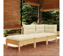 Set mobilier grădină cu perne crem, 3 piese, lemn masiv de pin