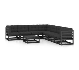 Set mobilier de grădină cu perne 8 piese, negru, lemn masiv pin