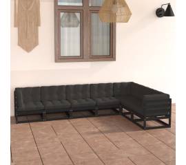 Set mobilier grădină cu perne, 7 piese,negru, lemn masiv pin