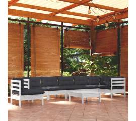 Set mobilier grădină cu perne, 9 piese, alb, lemn masiv pin