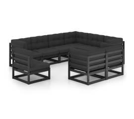 Set mobilier grădină cu perne, 9 piese, negru, lemn masiv pin