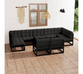 Set mobilier grădină cu perne, 9 piese, negru, lemn masiv pin