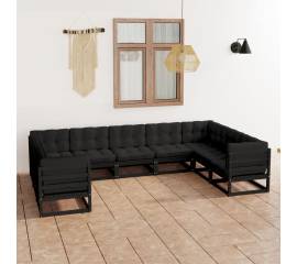 Set mobilier grădină cu perne, 9 piese, negru, lemn masiv pin