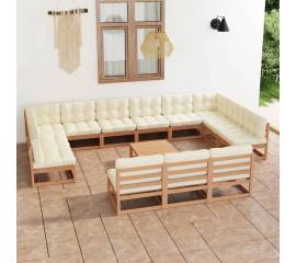 Set mobilier grădină&perne 14 piese, maro miere lemn masiv pin