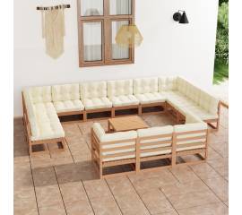 Set mobilier grădină&perne 14 piese maro miere lemn masiv pin