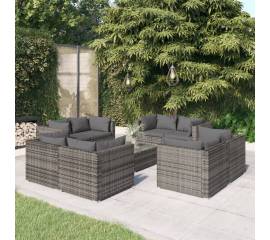 Set mobilier de grădină cu perne, 9 piese, gri, poliratan