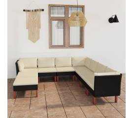 Set mobilier de grădină cu perne, 9 piese, negru, poliratan