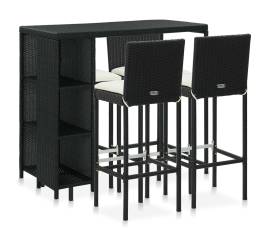 Set mobilier bar de grădină cu perne, 5 piese, negru, poliratan