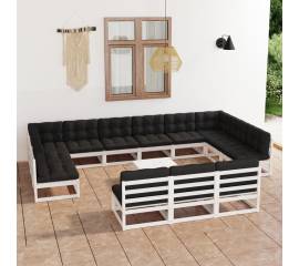 Set mobilier de grădină cu perne, 14 piese, alb, lemn masiv pin