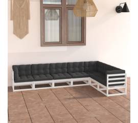 Set mobilier de grădină cu perne, 7 piese,alb,lemn masiv de pin