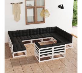 Set mobilier de grădină cu perne,11 piese,alb,lemn masiv de pin