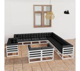 Set mobilier de grădină cu perne,13 piese,alb,lemn masiv de pin