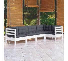 Set mobilier de grădină cu perne, 5 piese, alb, lemn de pin