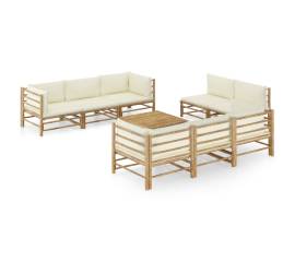Set mobilier de grădină cu perne alb crem, 9 piese, bambus