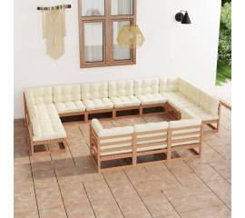 Set mobilier grădină&perne 13 piese, maro miere lemn masiv pin