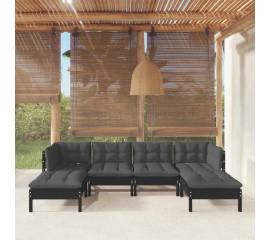 Set mobilier grădină cu perne, 6 piese, negru, lemn de pin