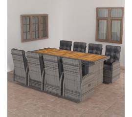 Set mobilier de exterior cu perne, 9 piese, gri, poliratan