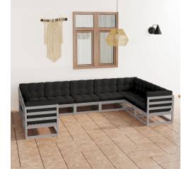 Set mobilier de grădină cu perne, 9 piese,gri,lemn masiv de pin