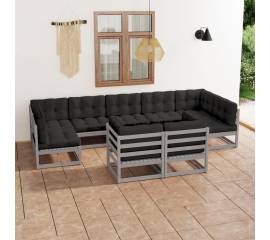 Set mobilier de grădină cu perne, 9 piese,gri,lemn masiv de pin