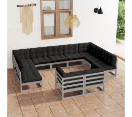 Set mobilier de grădină cu perne,11 piese,gri,lemn masiv de pin