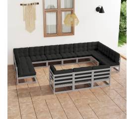 Set mobilier de grădină cu perne,13 piese,gri,lemn masiv de pin