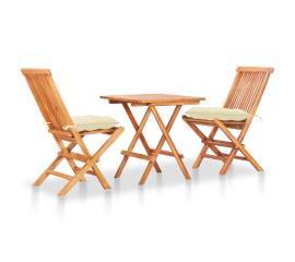 Set mobilier de bistro, 3 piese, cu perne crem, lemn masiv tec