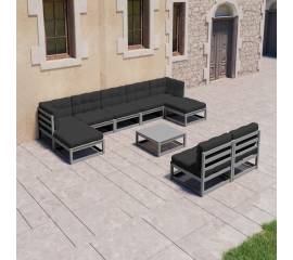 Set mobilier de grădină cu perne, 10 piese, gri, lemn masiv pin