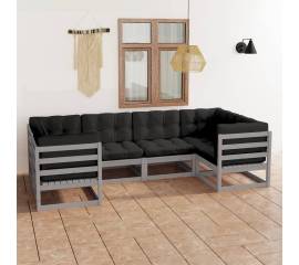 Set mobilier de grădină cu perne, 6 piese, gri, lemn masiv pin