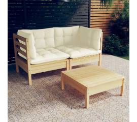 Set mobilier grădină cu perne crem, 3 piese, lemn de pin