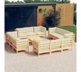 Set mobilier grădină cu perne crem,13 piese, lemn masiv de pin