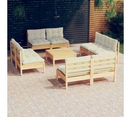 Set mobilier grădină cu perne crem,9 piese, lemn masiv de pin