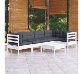 Set mobilier de grădină cu perne, 6 piese, alb, lemn de pin