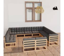 Set mobilier de grădină cu perne, 12 piese, lemn masiv de pin