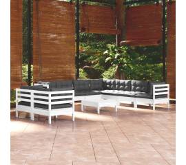 Set mobilier grădină cu perne, 10 piese, alb, lemn masiv pin