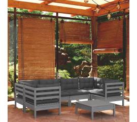 Set mobilier de grădină cu perne, 7 piese, gri, lemn masiv pin