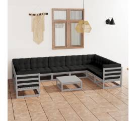 Set mobilier de grădină cu perne, 10 piese, gri, lemn masiv pin