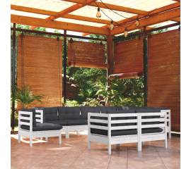 Set mobilier de grădină cu perne, 9 piese, alb, lemn masiv pin