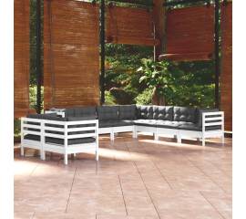 Set mobilier de grădină cu perne, 9 piese, alb, lemn masiv pin