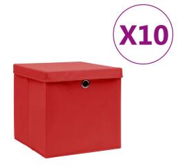 Cutii de depozitare cu capac, 10 buc., roșu, 28x28x28 cm