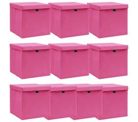 Cutii depozitare cu capace, 10 buc., roz, 32x32x32 cm, textil