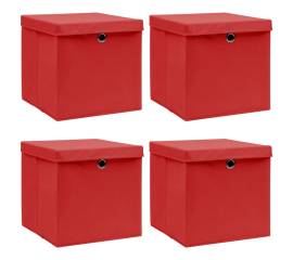 Cutii depozitare cu capace, 4 buc., roșu, 32x32x32 cm, textil