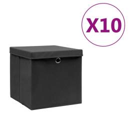 Cutii de depozitare cu capac, 10 buc., negru, 28x28x28 cm